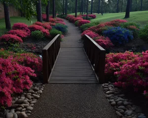 Fototapete Rund A tranquil garden path with a wooden bridge and vibrant azaleas © De