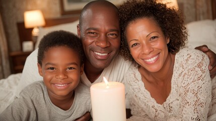 Happy African American Family with Candle at Bedtime