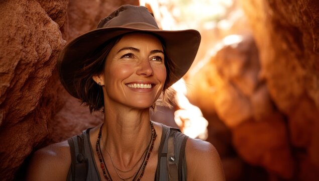 Woman smiles, canyon hike, sunlight, adventure travel