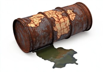 rusty old metal barrel leaking dark liquid onto a white surface