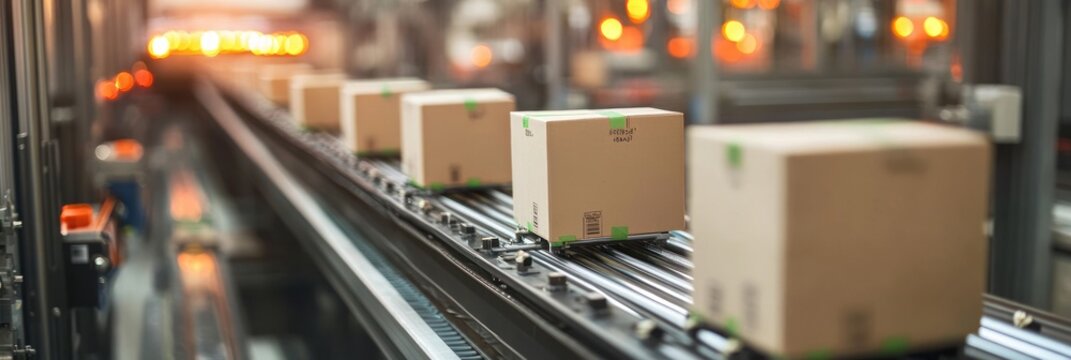 Several cardboard boxes moving along a conveyor belt inside a modern warehouse with warm lighting in the background