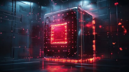 A futuristic bank safe with microscopic laser defenses glowing around it 