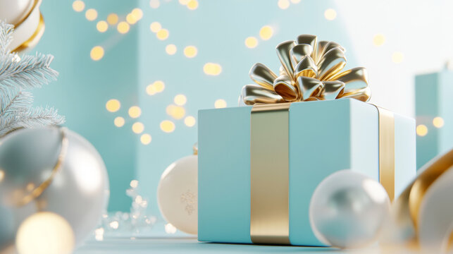 Elegant blue gift box with gold ribbon and bow surrounded by silver ornaments and soft glowing lights festive holiday 3D render Christmas New Year celebration winter scene