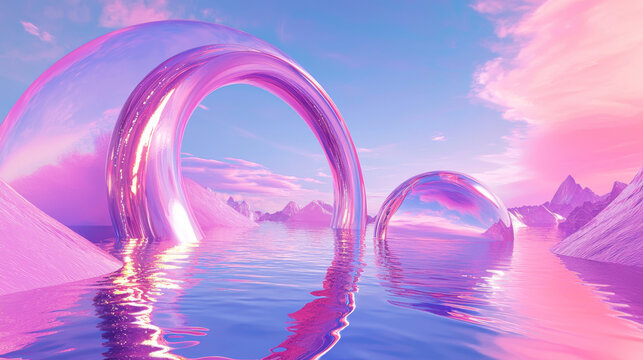 Surreal reflective transparent pink glass rings floating over calm water with vibrant sunset sky and distant mountains 9D render futuristic dreamlike landscape serene pastel aesthetic