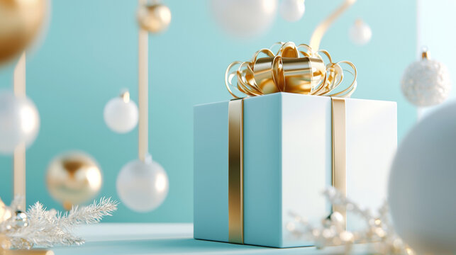 Elegant blue gift box with gold ribbon and bow surrounded by silver ornaments and soft glowing lights festive holiday 6D render Christmas New Year celebration winter scene
