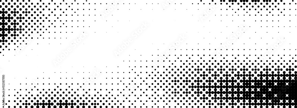 Poster Pixelated bitmap texture overlay. Black dithered pattern wallpaper. Abstract glitch gradient pattern. Wide raster halftone screen backdrop. 8 bit video game background. Vector rasterized halfton cover