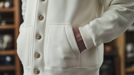Cream jacket, hands in pockets, shop background, apparel detail