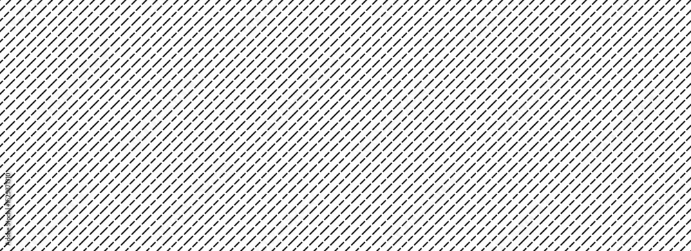Poster Seamless diagonal dash line pattern. Repeated slash dashed lines background. Black and white angled linear wallpaper. Abstract tilted slanted stripes backdrop. Repeating oblique strip texture. Vector