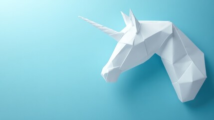 White origami unicorn head, blue background, wall art, fantasy decor