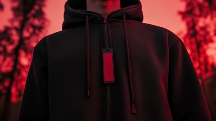 Red sunset, black hoodie, blank tag, forest, apparel mockup