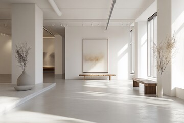 Elegant Interior Design of Art Gallery Showcasing Minimalist Aesthetics and Modern Architectural Details