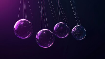 Purple Newton's Cradle, swinging spheres, dark background, physics concept, science illustration