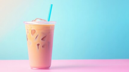 Iced coffee, plastic cup, pastel background, summer drink, advertising