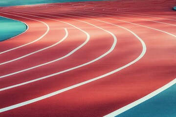 Curved red running track lanes with white lines and blue interior area under soft daylight creating a calm and orderly atmosphere