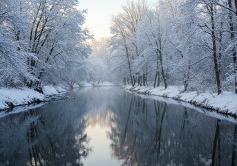 Snowy trees reflecting in the calm river during the winter season