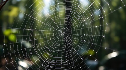 Naklejka premium A dewkissed spider web against a bokeh green background showing intricate geometric patterns