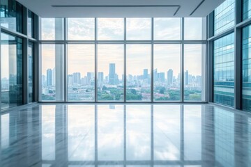 Fototapeta premium Empty modern office space with large floor-to-ceiling windows offering a panoramic view of a city skyline on a cloudy day
