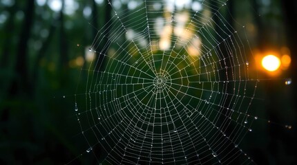 Naklejka premium A glistening spiderweb adorned with droplets stands against a forest backdrop and a blurred sun