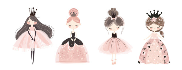 Set of cute princesses in elegant pink dresses with crowns, simple flat art collection for girls, print for children's room, fairy-tale character for design. Vector isolated on white background.