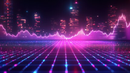 A digital grid with holographic stock market trend lines going up