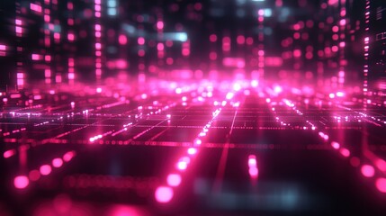 A digital grid with holographic stock market trend lines going up
