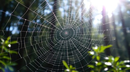 A spiderweb intricate and dewkissed hangs in a forest clearing bathed in sunlight