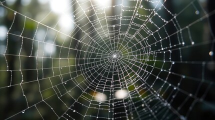 A spiderweb with dew drops glistens against a blurred backdrop of greenery catching sunlight
