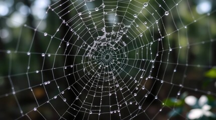 A spiderweb covered in dew drops is suspended against a blurred green background