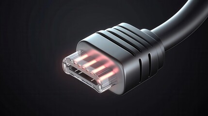 A close-up of a USB cable connector with glowing internal contacts against a dark background.