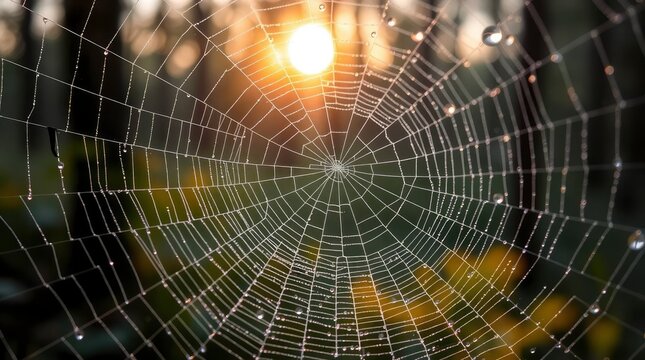 A spider web adorned with water droplets is set against a blurred backdrop of foliage and a sunlit sky