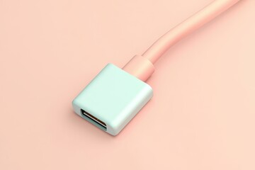 Light pink and mint green cable adapter on a pastel peach background, shown in minimalistic style.