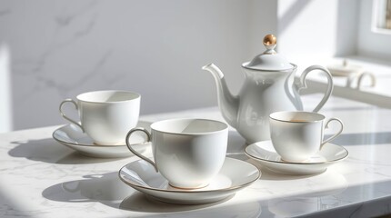 A white tea set teapot cups  saucers arranged on a marble surface in bright sunlit kitchen