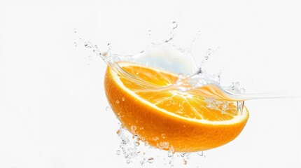 An orange half surrounded by water splashes against a white background