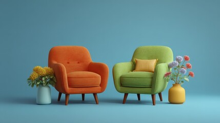Fototapeta premium Vibrant armchairs and floral decor interior space digital art modern cozy atmosphere aesthetic appeal