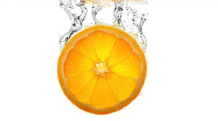 An orange slice plunges into water creating a splash on a white background
