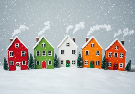 Colorful toy houses with smoke in a snowy winter scene
