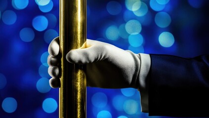 Gloved hand gripping gold pole, blue bokeh background; stage performance