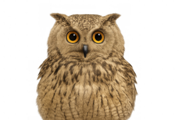 Powerful eurasian eagle-owl perching with distinctive ear tufts, piercing orange eyes revealing intense predatory gaze against clean background