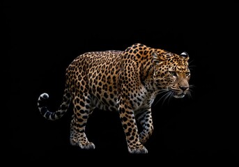 Fototapeta premium Leopard walking isolated on black background