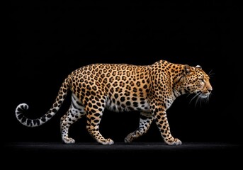 Leopard walking in profile against a black background