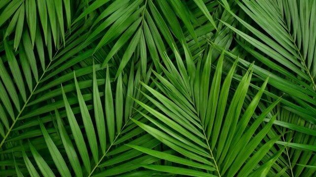 Overhead view of dense tropical foliage with bright green palm leaves in symmetrical patterns providing fresh exotic texture, nature concept.