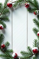 Snow-tipped fir branches frame elegant Christmas place setting on rustic white wood , fir, seasonal, natural