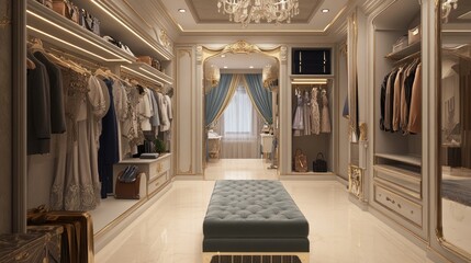 Elegant and Organized Walk-In Closet Interior with Luxurious Details