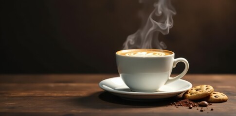 Fototapeta premium Steam rising from coffee, milk swirls, cookies beside , biscuit, hot