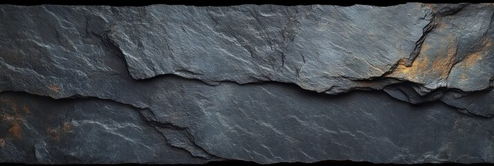 Close-up texture of dark slate rock with layered rough uneven surface and hints of rust-colored patches under natural light
