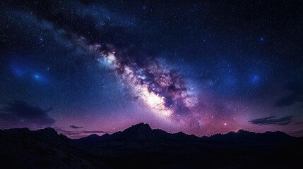 Fototapeta premium Vivid night sky showcasing the Milky Way galaxy above a dark mountain range silhouette under a star-filled sky with purple and blue hues