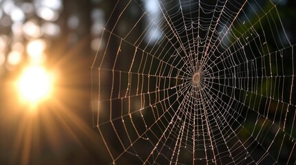 Obraz premium Dewcovered spiderweb dominates sunlight flares and blurred background elements complete the scene