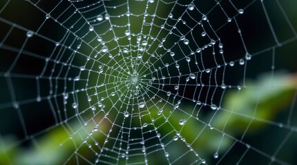 Naklejka premium Dewcovered spiderweb gleams against a dark blurred backdrop showcasing intricate lines