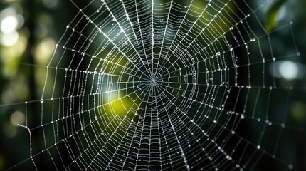 Naklejka premium Dewcovered spiderweb against a blurred green backdrop