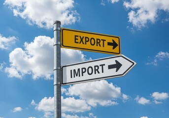 Fototapeta premium Directional signs for export and import against a bright blue sky